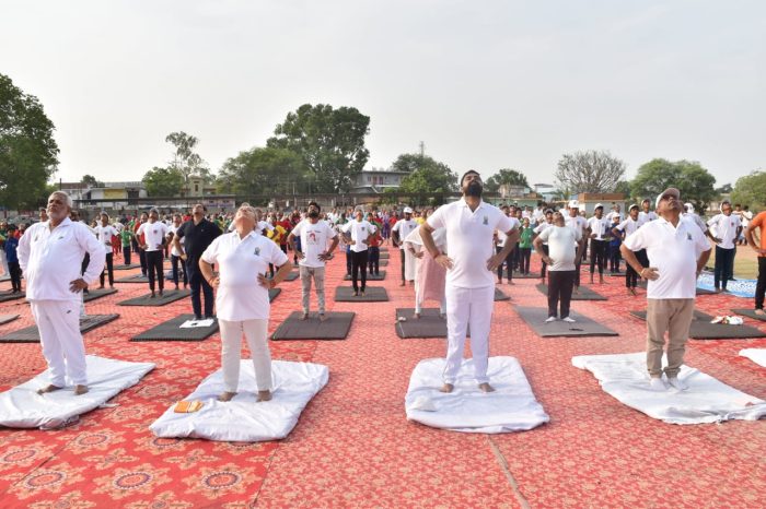 International Yoga Day 2023: With the theme "One World One Health" and "Har Ghar Aangan Yoga", people's representatives, officials, common people collectively practiced yoga in different places in the district.