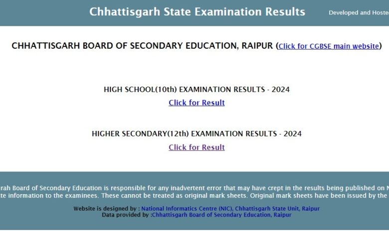 CGBSE RESULT DECLARED: Chhattisgarh Board of Secondary Education released 10th and 12th exam results.