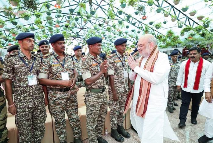 Courtesy Meet: Union Home and Cooperation Minister Amit Shah today interacted with security forces in Nava Raipur, Chhattisgarh, Naxalite violence has been a big horror for the poor and tribals