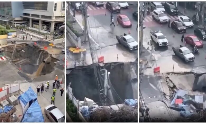 Road Caved: A horrifying accident on a Bangkok street! A busy road suddenly sank into the ground. No one was injured because it was morning. Watch the horrifying video here.