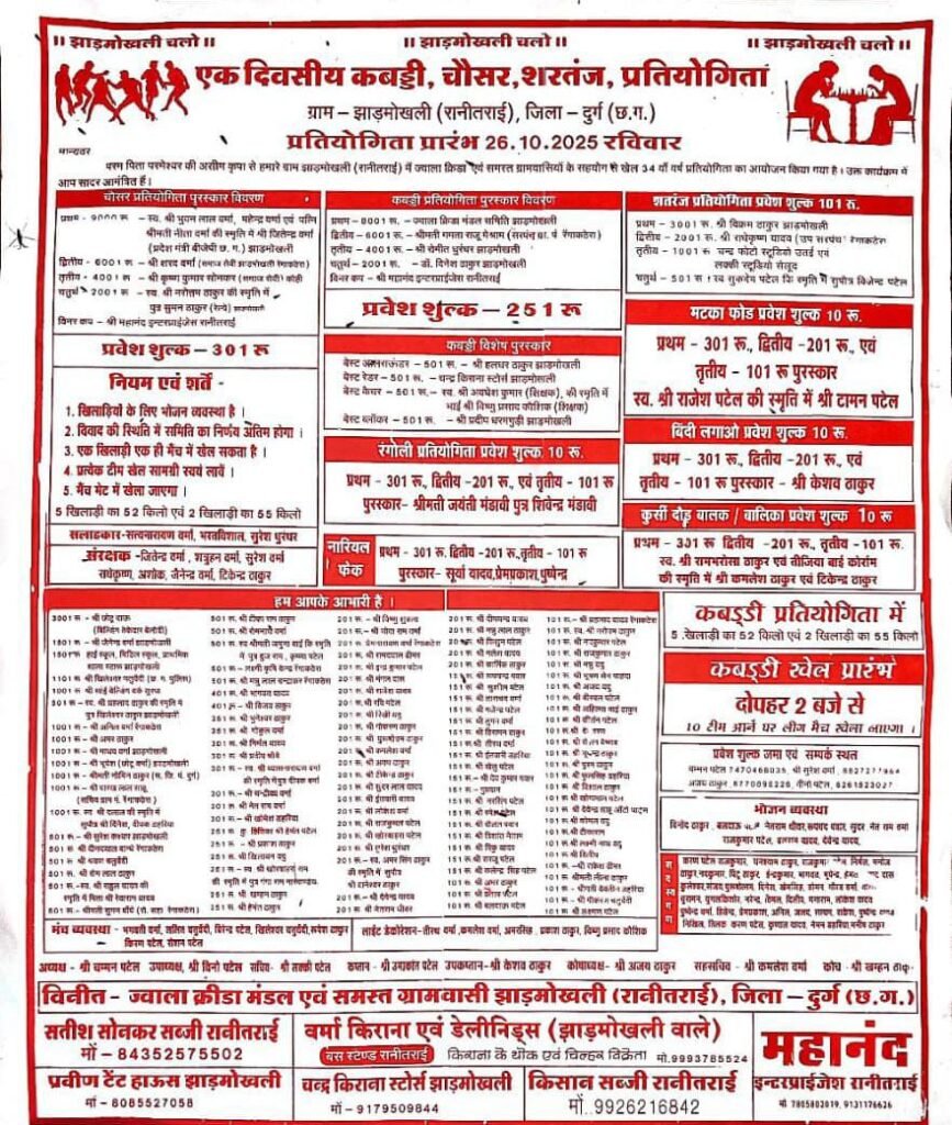 Traditional Sports Festival : पाटन में 26 अक्टूबर को भव्य खेल मेला…! सांसद विजय बघेल और विधायक ललित चंद्राकर करेंगे पारंपरिक खेल महोत्सव का उद्घाटन