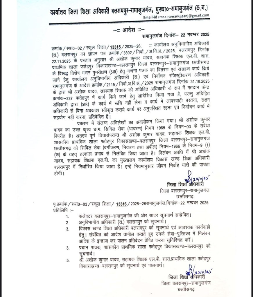 Negligence in SIR: Assistant teacher suspended for negligence in voter list revision in Balrampur.
