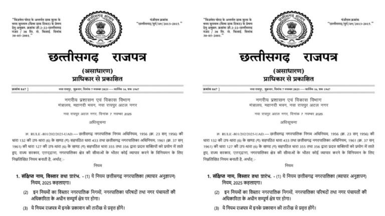 Business License: Big news! Unauthorized business in urban areas is now prohibited. Licenses are now mandatory for businesses operating from vehicles, including kiosks and carts. Published in the Chhattisgarh Gazette, see details here.