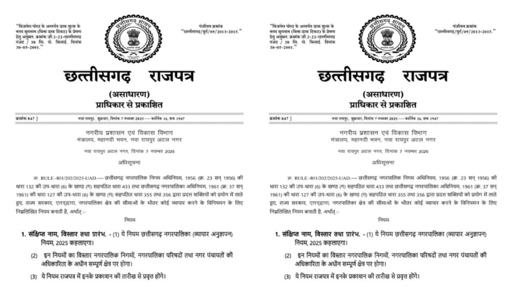 Business License: Big news! Unauthorized business in urban areas is now prohibited. Licenses are now mandatory for businesses operating from vehicles, including kiosks and carts. Published in the Chhattisgarh Gazette, see details here.