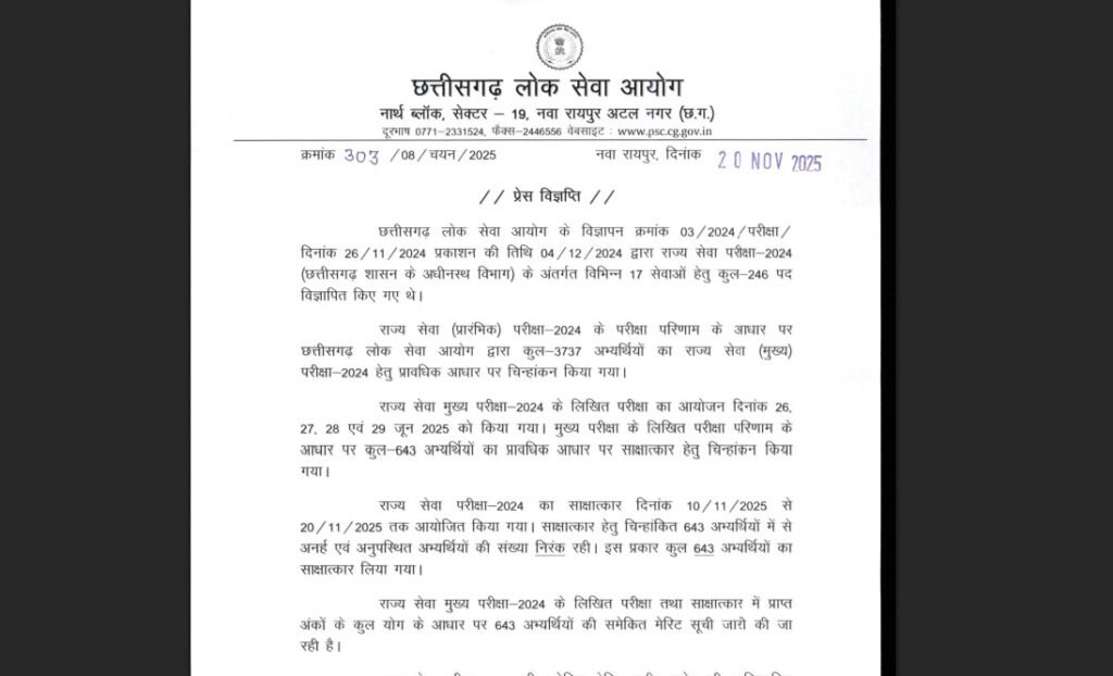 CGPSC 2024 Final Result : ब्रेकिंग…पीसीएस 2024 का रिज़ल्ट जारी…! देवेश प्रसाद साहू ने मारी बाजी…दो बेटियों ने टॉप-10 में बिखेरी चमक…इंटरव्यू प्रक्रिया पूरी अब 246 पदों पर नियुक्ति…यहां देखें List