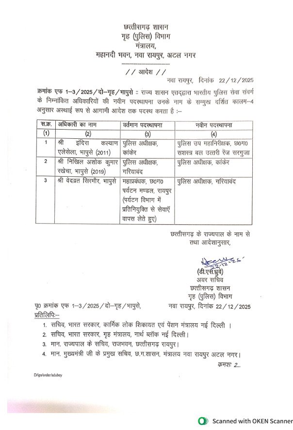 SP Transferred : प्रशासनिक फेरबदल…! कांकेर सहित दो जिलों के एसपी बदले गए…यहां देखें List