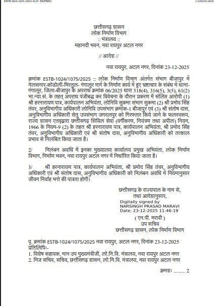 PWD Action : लोक निर्माण विभाग की बड़ी कार्रवाई…! भ्रष्टाचार पर गिरी गाज…एक EE और दो SDO निलंबित…सड़क निर्माण में भारी गड़बड़ी…यहां देखें