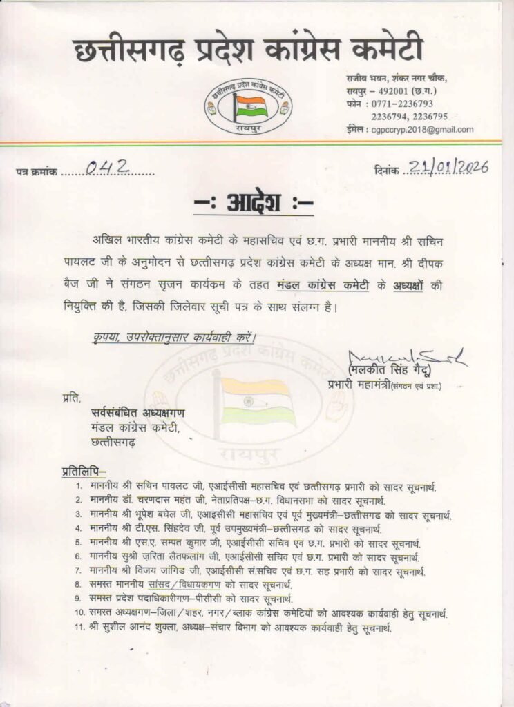 Mandal Adhyaksh List : बिग ब्रेकिंग…! कांग्रेस ने की रायपुर शहर-ग्रामीण सहित एक दर्जन मंडल अध्यक्षों की सूची जारी…यहां देखें जंबो List