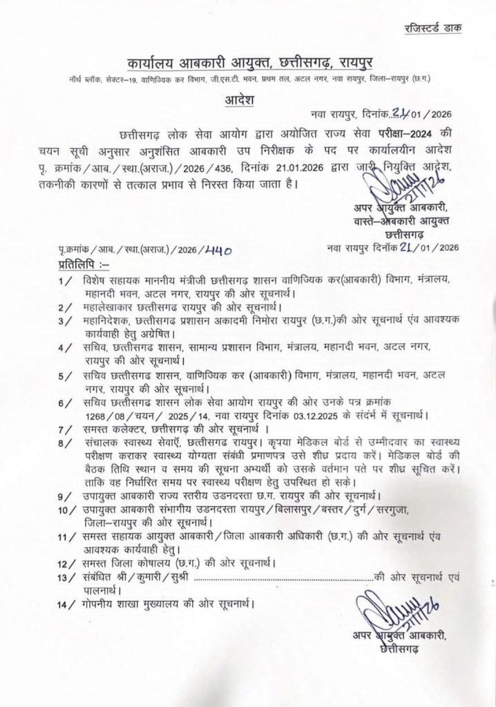 CGPSC Selection List : रायपुर ब्रेकिंग…! छत्तीसगढ़ सरकार ने आबकारी उपनिरीक्षक पदों की नियुक्तियां की रद्द…85 चयनित उम्मीदवारों में नाराजगी…देखें जारी आदेश