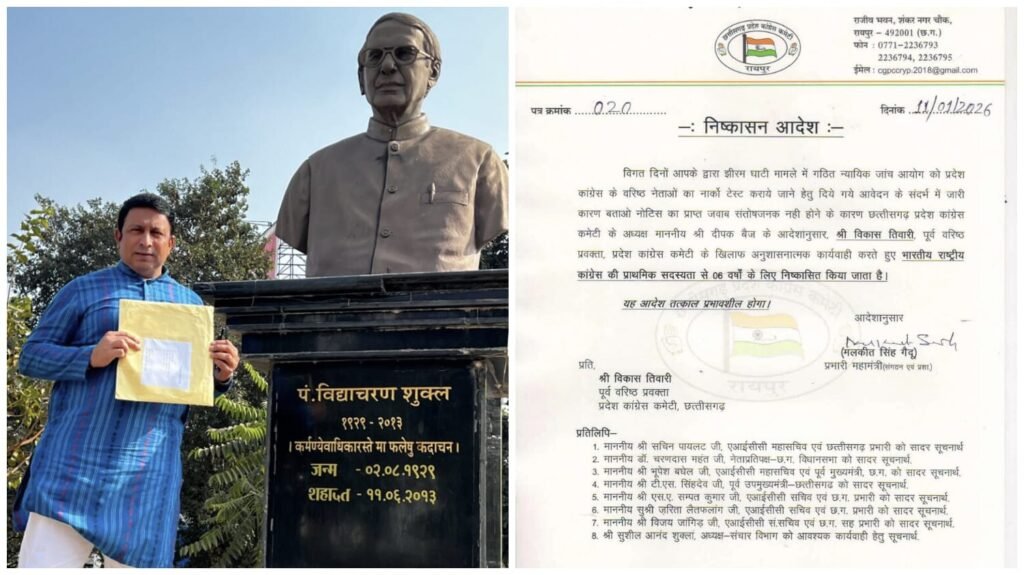 Congress Action : ब्रेकिंग…कांग्रेस का बड़ा फैसला…! पूर्व प्रवक्ता विकास तिवारी निष्कासित…बोले- संगठन आदेश सर्वोपरि…झीरम मुद्दे पर बयान पड़े भारी