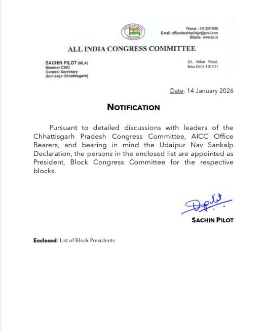 New List of Block Presidents : ब्रेकिंग…कांग्रेस ने जारी की ब्लॉक अध्यक्षों की नई सूची…! प्रदेश भर में नेतृत्व पदों में बदलाव…यहां देखें जंबो List
