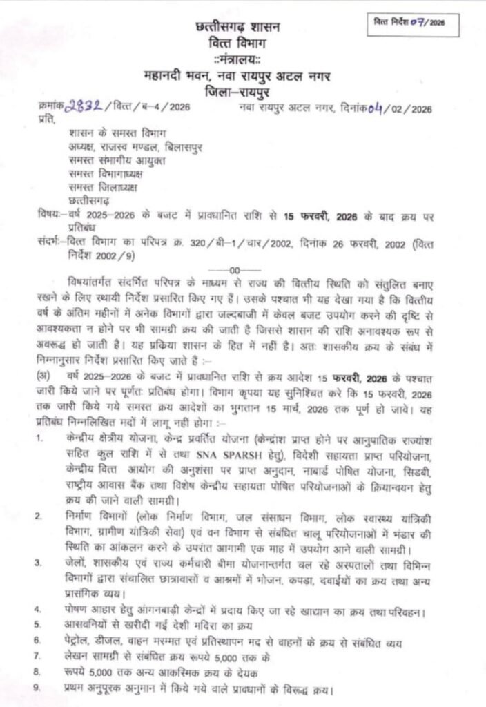 Budget Control : 15 फरवरी से शासकीय खरीदी पर रोक…! केवल आपात स्थिति में मिलेगी छूट…वित्त विभाग का ये आदेश यहां देखें