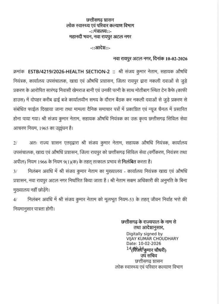 Fake Medicine Case : रायपुर ब्रेकिंग…! एडिशनल ड्रग कंट्रोलर संजय नेताम निलंबित…नकली दवा कारोबारी से मुलाकात पर कार्रवाई