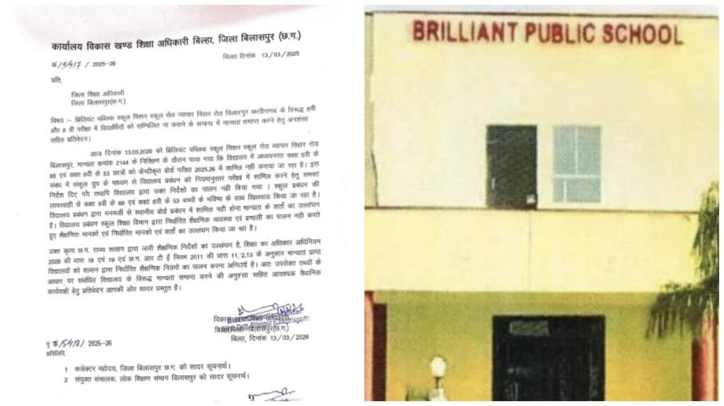 Brilliant Public School : बिलासपुर के ब्रिलियंट पब्लिक स्कूल की मान्यता रद्द करने की सिफारिश…5वीं और 8वीं के 141 छात्रों को बोर्ड परीक्षा से किया बाहर…शिक्षा विभाग सख्त…प्रिंसिपल ने रिसीव नहीं किया फोन