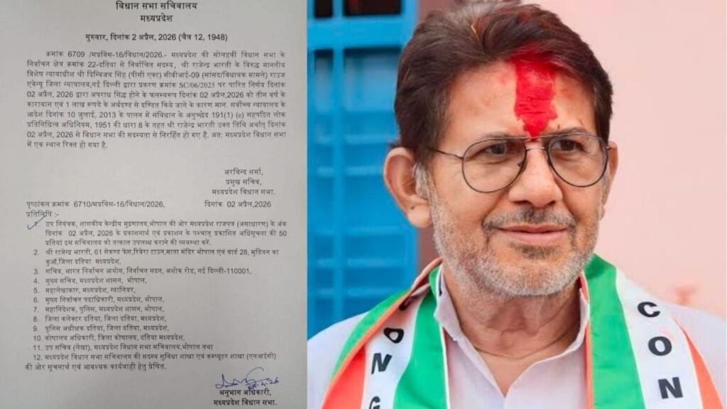 Datia MLA Disqualified : कांग्रेस MLA राजेंद्र भारती की विधानसभा सदस्यता रद्द…सीट हुई रिक्त…27 साल पुराने Fixed Deposit हेराफेरी मामले में दोषी