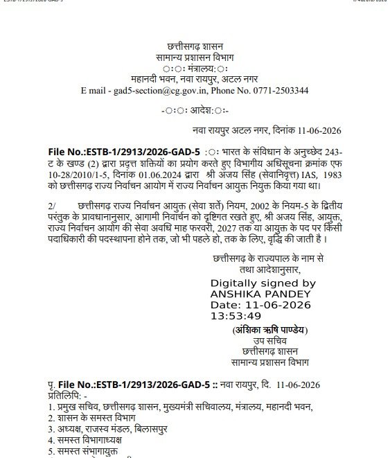 Election Commissioner Tenure Extended : छत्तीसगढ़ में बड़ा प्रशासनिक फैसला…! राज्य निर्वाचन आयुक्त अजय सिंह का कार्यकाल बढ़ा…फरवरी 2027 तक संभालेंगे जिम्मेदारी…सामान्य प्रशासन विभाग ने जारी किया आदेश