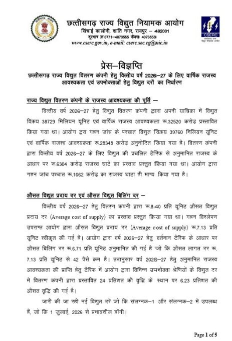 Electricity Rate Hike : छत्तीसगढ़ में बिजली बिल का बड़ा झटका  टला…! 24% की जगह सिर्फ 6.23% बढ़ीं दरें…1 जुलाई से लागू…आयोग ने जारी की नई टैरिफ दरें यहां देखें
