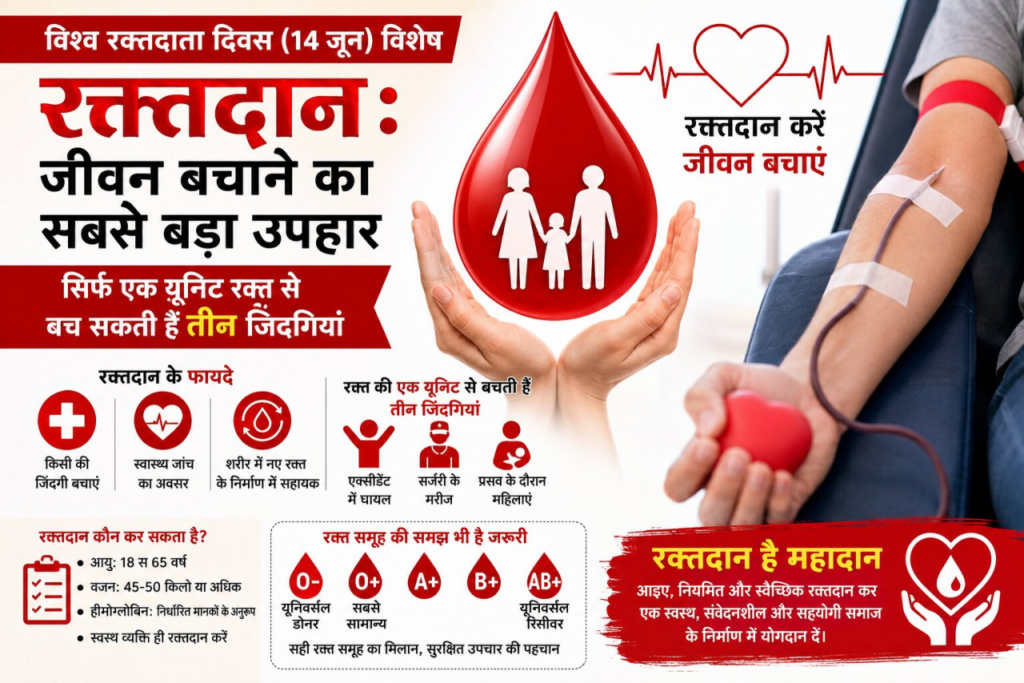 World Blood Donor Day (14 जून) रक्तदान, जीवन बचाने का सबसे बड़ा उपहार, सिर्फ एक यूनिट रक्त से बच सकती हैं तीन जिंदगियां