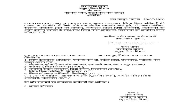 School Education : बिलासपुर में शिक्षा विभाग का बड़ा फैसला…! डॉ. अजय कौशिक को मिला DEO का अतिरिक्त प्रभार…विभाग ने जारी किया आदेश