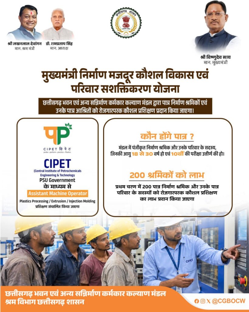 CIPET Raipur : निर्माण श्रमिकों के बच्चों को मिलेगा 480 घंटे का प्रशिक्षण, रोजगार के अवसरों को मिलेगी नई उड़ान