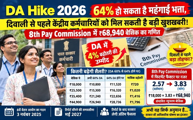 DA Hike July 2026: 64% DA Hike से बढ़ेगी सैलरी! दिवाली से पहले केंद्रीय कर्मचारियों को मिल सकती है बड़ी खुशखबरी, 8th Pay Commission में ₹68,940 बेसिक का गणित