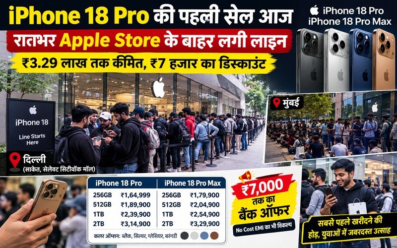 iPhone 18 Pro की पहली सेल आज, रातभर Apple Store के बाहर लगी लाइन; ₹3.29 लाख तक कीमत, ₹7 हजार का डिस्काउंट