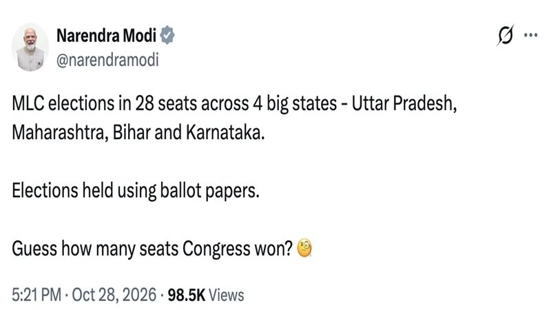 MLC Election Results 2026: 4 बड़े राज्यों में चुनाव बैलेट पेपर से हुए! अंदाजा लगाइए, कांग्रेस ने कितनी सीटें जीतीं? PM मोदी ने किया X पर जिक्र; यहां देखें