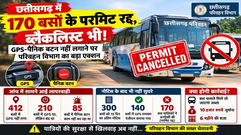 Bus Permit Cancelled: छत्तीसगढ़ में 170 बसों के परमिट रद्द! ब्लैकलिस्ट भी! GPS-पैनिक बटन नहीं लगाने पर परिवहन विभाग का बड़ा एक्शन; जानिए क्या है पूरा मामला