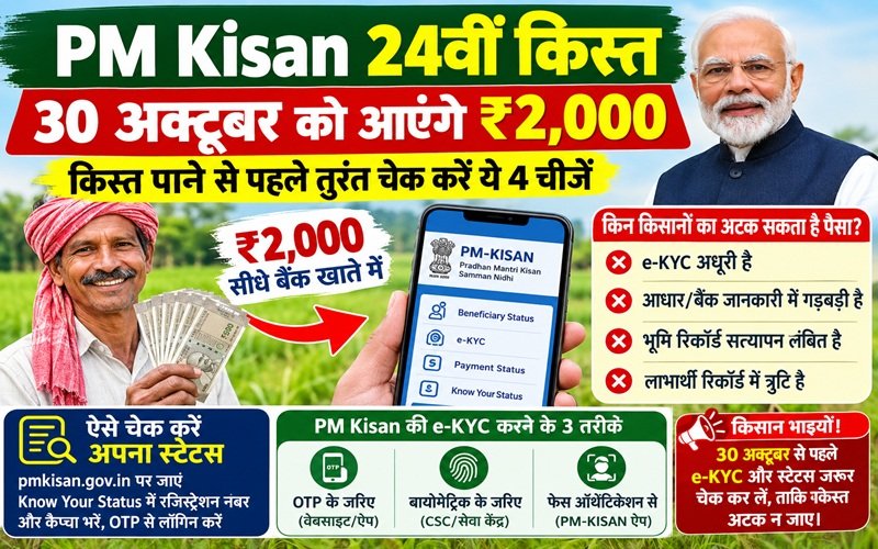PM Kisan 24th Installment: 30 अक्टूबर को आएगी ₹2,000 की किस्त, इन किसानों का अटक सकता है पैसा; ऐसे करें e-KYC चेक