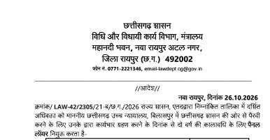 Panel Lawyer Appointment : छत्तीसगढ़ हाई कोर्ट में पैनल लॉयर नियुक्त, दो साल का होगा कार्यकाल, जानें नियम और शर्तें