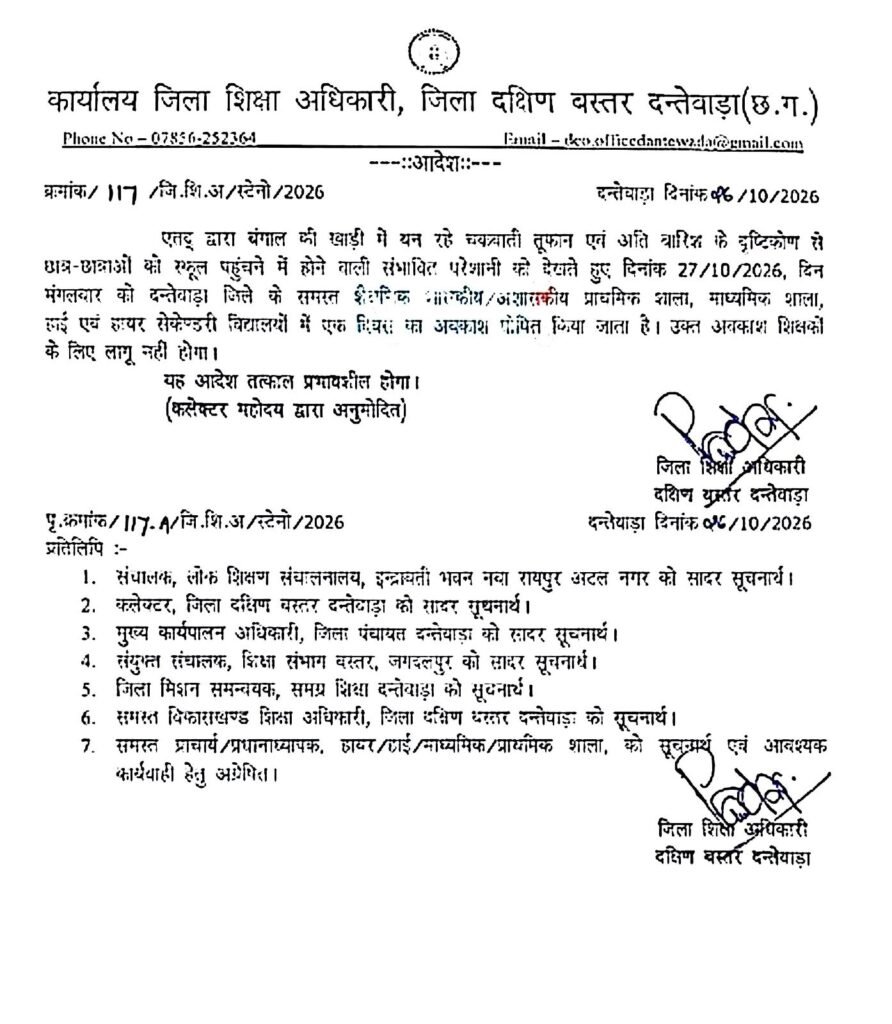 CG School Holiday: 27 अक्टूबर को सभी स्कूलों में छुट्टी; चक्रवात ‘अर्नब’ को लेकर प्रशासन अलर्ट