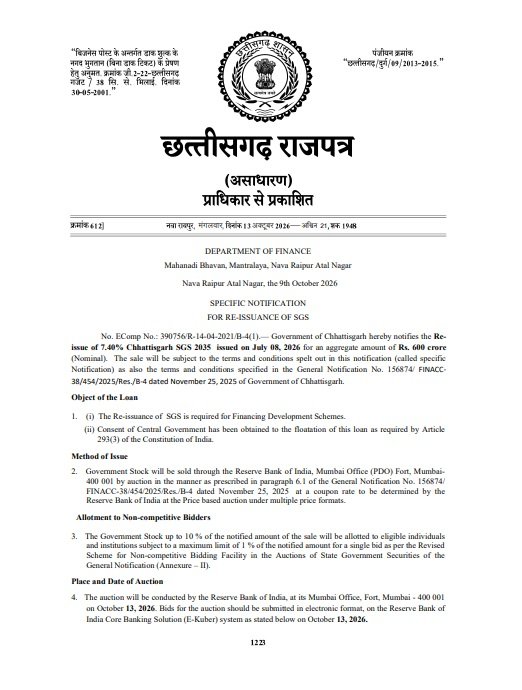 CG Finance Department: छत्तीसगढ़ SGS 2035! ₹600 करोड़ के सरकारी ऋण की पुनः बिक्री; वित्त विभाग ने जारी की विशेष अधिसूचना