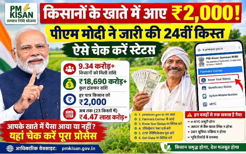 PM Kisan 24th Installment: किसानों के खाते में आए ₹2,000! पीएम मोदी ने जारी की 24वीं किस्त; ऐसे चेक करें स्टेटस